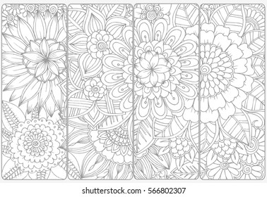 Doodle flowers for coloring.Vector set of monochrome bookmarks .
