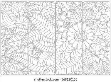 Doodle flowers for coloring.Vector set of monochrome bookmarks .