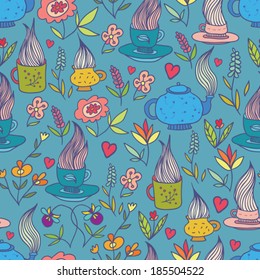 doodle flowers and cups blue seamless pattern