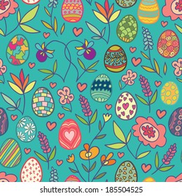 doodle flowers and eggs blue seamless pattern