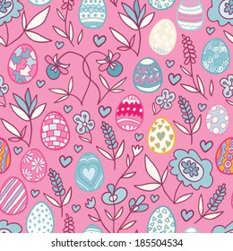 doodle flowers and eggs pink seamless pattern