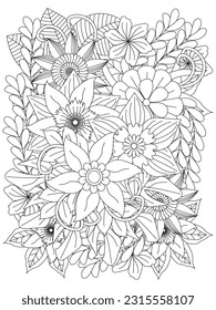 Doodle flowers. Flower pattern. Vector doodle flowers in black and white. Page adult coloring book