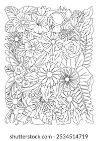 Doodle flowers. Flower pattern. Vector doodle flowers in black and white. coloring book and  page for adults.