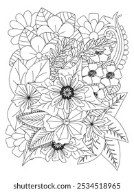 Doodle flowers. Flower pattern. Vector doodle flowers in black and white. coloring book and  page for adults.