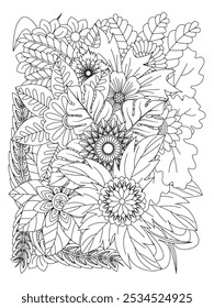 Doodle flowers. Flower pattern. Vector doodle flowers in black and white. coloring book and  page for adults.