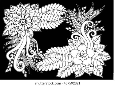 Doodle flowers frame for your greeting card. Vector doodle floral frame. Monochrome doodle floral frame. Greeting card template with flowers.