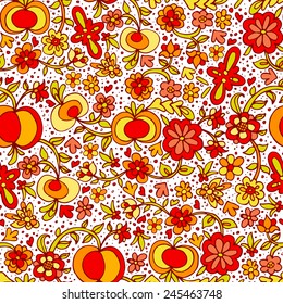 Doodle flowers and fruits seamless pattern.