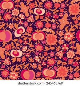 Doodle flowers and fruits seamless pattern.