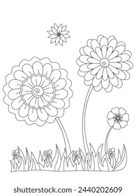 Doodle flowers growing in garden vector illustration for coloring book. Black and white floral bouquet with leaves for adult and children.