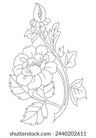 Doodle flowers growing in garden vector illustration for coloring book. Black and white floral bouquet with leaves for adult and children.