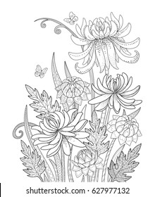 Doodle flowers growing in garden vector illustration for coloring book. Black and white floral bouquet with leaves for adult and children.