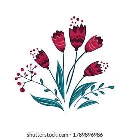 Doodle flowers in hand-drawn style. Cute botanical illustration on white background, isolated. Vector graphics.
