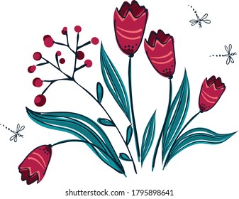 Doodle flowers in hand-drawn style. Cute botanical illustration on white background, isolated. Vector graphics.