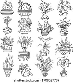 Vectores de flores dibujados a mano en ollas sobre fondo blanco