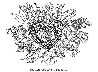 Doodle Flowers Heart Black White Stock Vector (Royalty Free) 354033419 ...