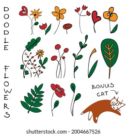 Montaje de ilustraciones de flores de doodle. Elementos de doodle separados de plantas, hojas y flores más ilustración de gato bonificada