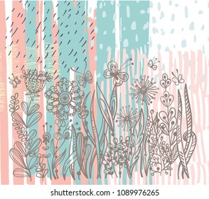Flores de doodle e fundo de inseto, ilustração desenhada à mão