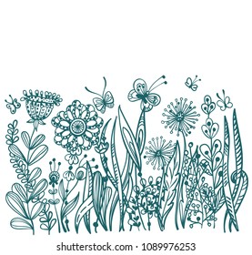 Doodle flowers and insect collection, hand drawn illustration