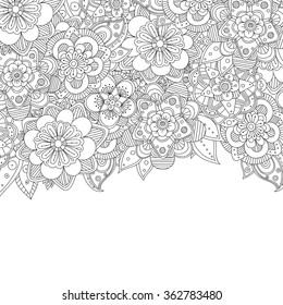 Doodle flowers invitation card. Template flower frame design for card. Decorative hand drawn vector element border.