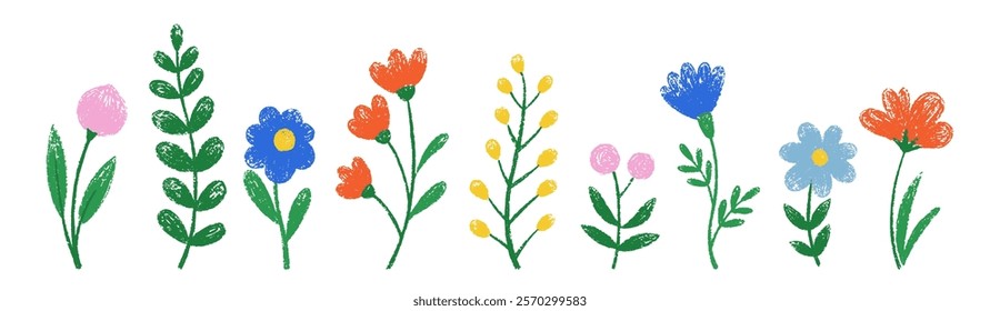 Doodle flores para crianças com creiom, giz ou textura pastel. Banner floral de primavera panorâmico. Ilustração de vetor de Páscoa ou verão em um fundo branco.