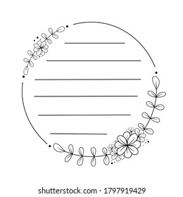 Doodle flowers and leaves in circle frame. Black line in for message like notepaper. Silhouette use to cricut, cut file.Vector illustration about stationery.