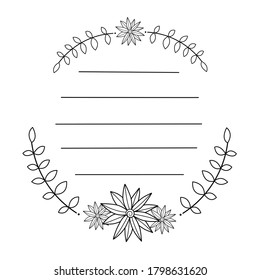 Doodle flowers & leaves in circle frame. Black line in for message like notepaper. Silhouette use to cricut, cut file.Vector illustration about stationery.