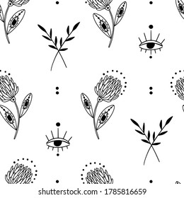 Doodle flowers, leaves, eyes seamless pattern. Vector magic monochrome texture. Boho floral abstract background with plants. Hand drawn outline mystic texture for fabric, textile, paper. Line art 