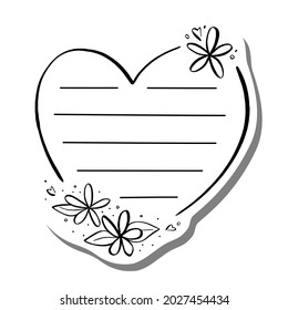 Doodle Flowers Leaves Heart and Line on white and gray silhouette for cut file. Black line in for message like notepaper. Vector illustration about stationery.