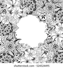 Doodle flowers and leaves invitation card.
Template flowers frame design for card. Decorative hand drawn vector element border.