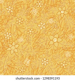 doodle flowers and leaves on green. freehand seamless pattern. shades of gold