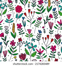 Doodle flowers and leaves seamless pattern. Hand drawn floral wallpaper. Plants endless backdrop. Cute botanical background. Design for fabric, textile print, wrapping paper, cover.