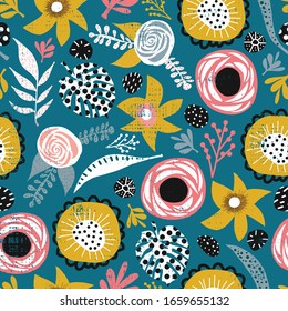 Doodle flowers and leaves seamless vector background blue pink white black mustard yellow. Hand drawn flat floral doodle pattern for fabric design, surface decoration, digital paper