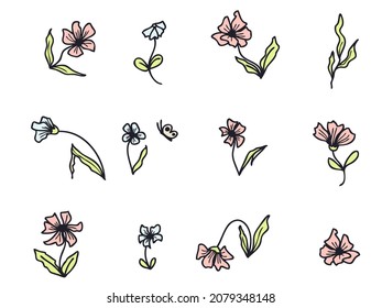 Doodle Blumen und Blätter Vektorgrafik. Handgezeichnete Illustration für Dekoration und Design.
