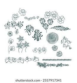 doodle flowers leaves vector design frame elements set modern minimalistic