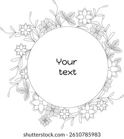 doodle flowers and leaves wreath line art isolated for invitations, web design white circle