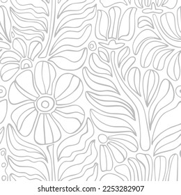 Doodle flowers line art floral seamless pattern