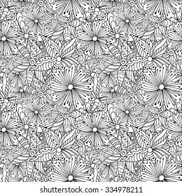 Doodle flowers monochrome seamless pattern. Vector abstract floral pattern. Coloring page for adults. Black and white floral pattern for coloring. Vector illustration for  coloring book. Floral JPG.