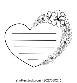 Doodle Flowers on Right Heart Frame. Black line in for message like notepaper. White silhouette use to cut file.Vector illustration about stationery.