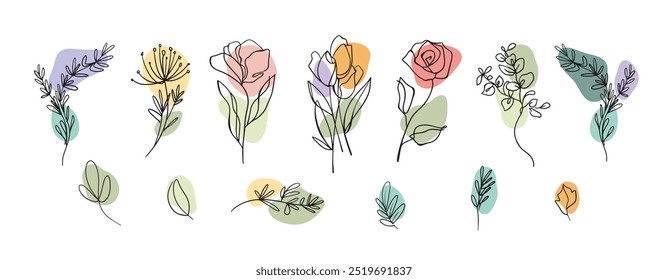 Doodle flowers online style set, hand drawn floral elements on white background, plants, botanic , sticker, vector illustration