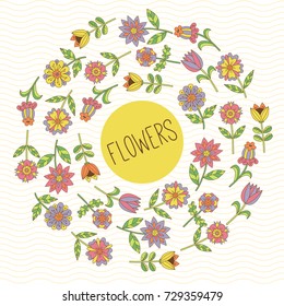 Doodle flowers round decorative vector frame