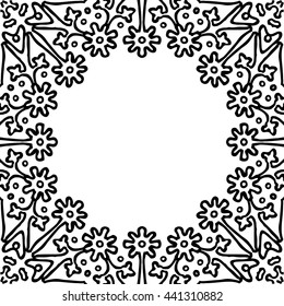 Doodle flowers round frame, hand made cutout, wedding decor, design element, vector illustration