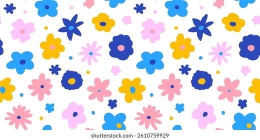 Doodle flowers seamless background. Summer colorful pattern with cute little floral shapes