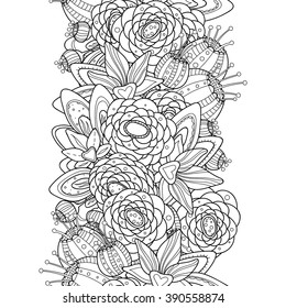 Doodle flowers seamless border. Zentangle style flowers and leaves frame. Black and white hand drawn herbal pattern.
