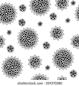 Doodle flowers seamless pattern. Abstract monochrome Chrysanthemum on white background.