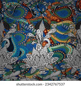 Doodle flowers seamless pattern. Art inspipleasant style flowers and leaves background. pleasant hand drawn pattern. vector pattern. Blue.