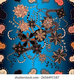 Doodle flowers seamless pattern. Art inspiblue and black style flowers and leaves background. Blue and black hand drawn pattern. Vector pattern.