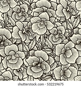 Doodle flowers seamless pattern. Art inspired style flowers and leaves background. Black and beige hand drawn herbal pattern.