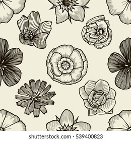 Doodle flowers seamless pattern. Art inspired style flowers and leaves background. Black and white hand drawn herbal pattern.