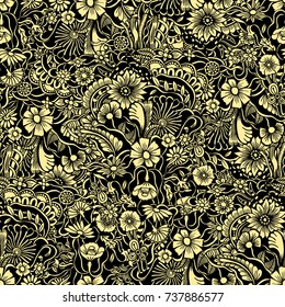 Doodle flowers seamless pattern. Art inspired style flowers and leaves background. Black and beige hand drawn herbal pattern.