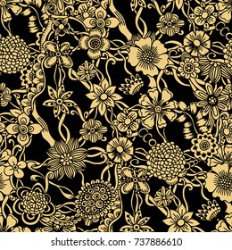 Doodle flowers seamless pattern. Art inspired style flowers and leaves background. Black and beige hand drawn herbal pattern.